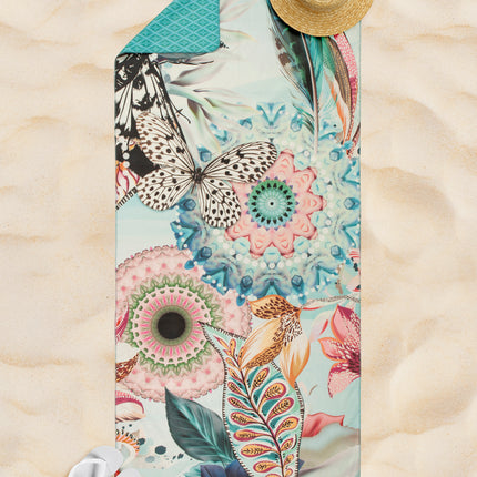 Strandlaken 75x180 cm - Vlinder en Bloemen Print - Aqua - Polyvelvet - Voor Sport & Reizen