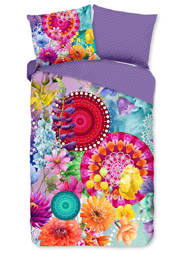 Luxe Satijnen Dekbedovertrek 140x200 cm - Mandala's en Bloemen Print - Multi - 1 Persoons - 100% Katoen-Satijn