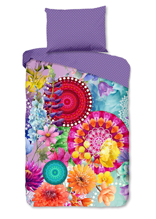 Luxe Satijnen Dekbedovertrek 140x200 cm - Mandala's en Bloemen Print - Multi - 1 Persoons - 100% Katoen-Satijn