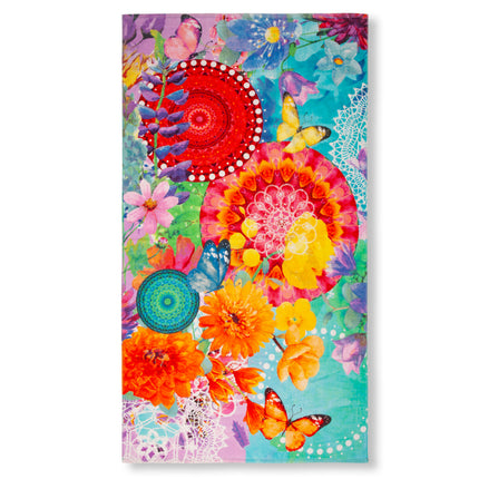 Strandlaken 100x180 cm - Kleurrijke Bloemen en Vlinders Print - Velours - Zomers Design