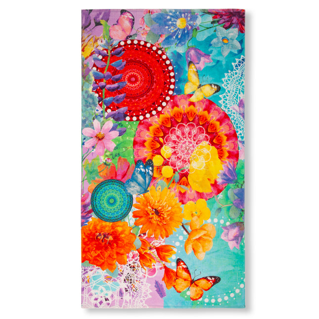 Strandlaken 100x180 cm - Kleurrijke Bloemen en Vlinders Print - Velours - Zomers Design