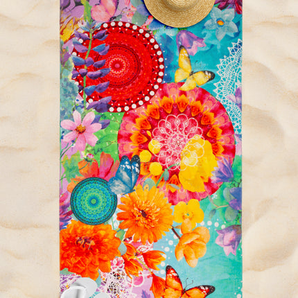 Strandlaken 100x180 cm - Kleurrijke Bloemen en Vlinders Print - Velours - Zomers Design