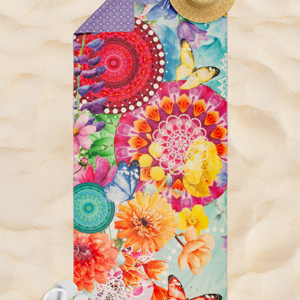 Strandlaken 75x180 cm - Bloemen en Vlinders Print - Multi - Polyvelvet - Voor Sport & Reizen