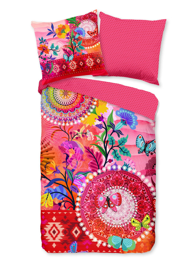 Luxe Satijnen Dekbedovertrek 155x220 cm - Mandala's en Bloemen Print - Vlinders en Kleurrijk - 1 Persoons - 100% Katoen-Satijn