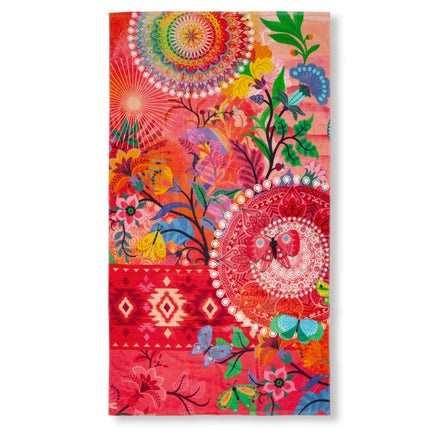 Strandlaken 100x180 cm - Mandala en Bloemen Print - Rood/Multicolor - Velours - Zacht en Absorberend