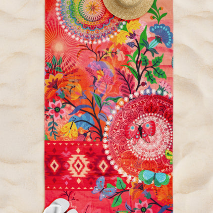 Strandlaken 100x180 cm - Mandala en Bloemen Print - Rood/Multicolor - Velours - Zacht en Absorberend