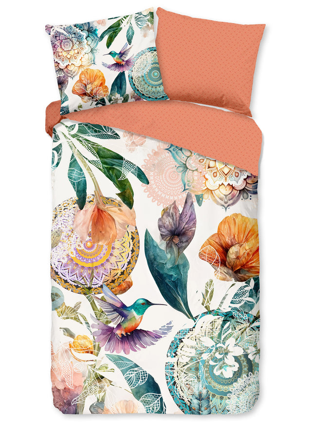 Luxe Satijnen Dekbedovertrek 140x200 cm - Mandala's en Bloemen Print met Kolibrie - Multi - 1 Persoons - 100% Katoen-Satijn
