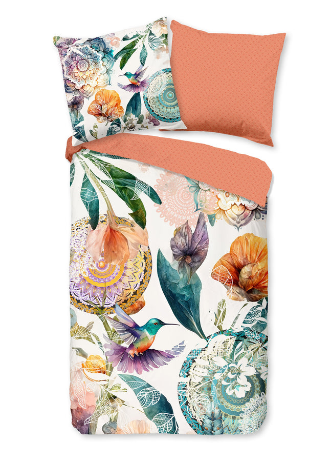 Luxe Satijnen Dekbedovertrek 155x220 cm - Mandala's en Bloemen Print met Kolibrie - Multi - 1 Persoons - 100% Katoen-Satijn
