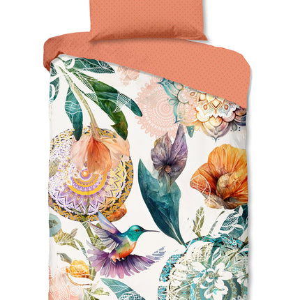 Luxe Satijnen Dekbedovertrek 140x200 cm - Mandala&#39;s en Bloemen Print met Kolibrie - Multi - 1 Persoons - 100% Katoen-Satijn