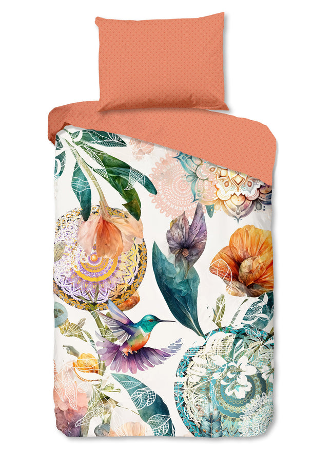 Luxe Satijnen Dekbedovertrek 140x200 cm - Mandala's en Bloemen Print met Kolibrie - Multi - 1 Persoons - 100% Katoen-Satijn