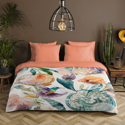 Luxe Satijnen Dekbedovertrek 140x200 cm - Mandala&#39;s en Bloemen Print met Kolibrie - Multi - 1 Persoons - 100% Katoen-Satijn
