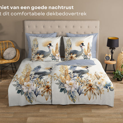 Dekbedovertrek 155x220 cm - Kraanvogel en Bloemen Print - Multi - 1 Persoons - 100% Katoen