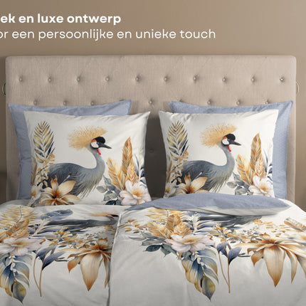 Dekbedovertrek 155x220 cm - Kraanvogel en Bloemen Print - Multi - 1 Persoons - 100% Katoen