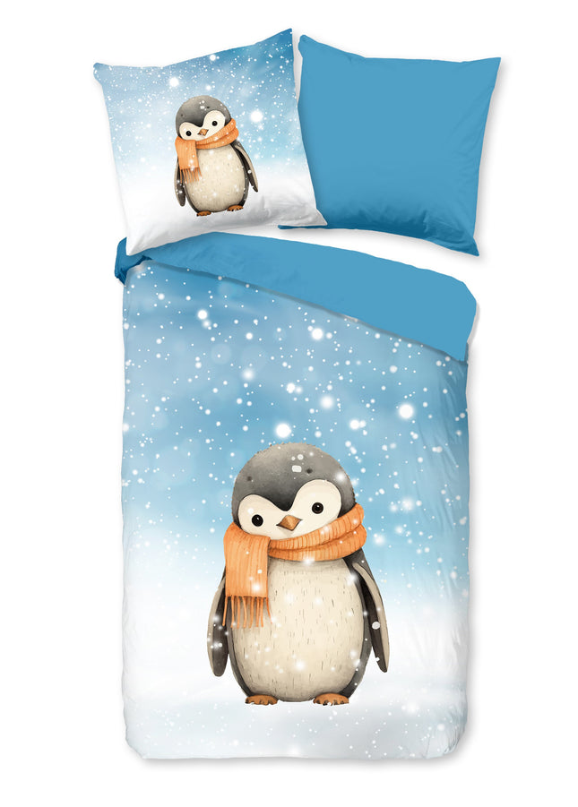 Kinderdekbedovertrek 135x200 cm - Pinguïn Print - Blauw/Wit - 1 Persoons - 100% Katoen Flanel