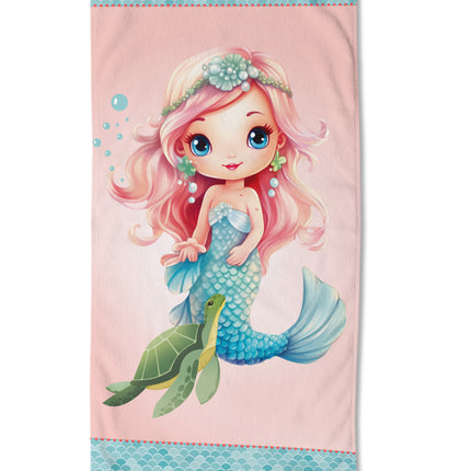 Strandlaken voor Kinderen 75x150 cm - Zeemeermin en Schildpad Print - Roze/Blauw - Poly Velours - Good Morning