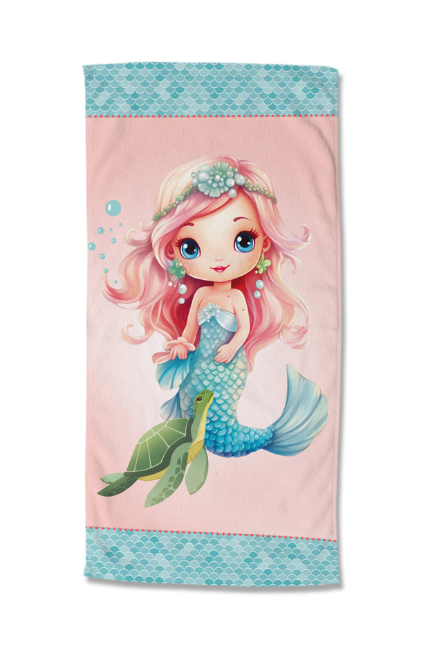 Strandlaken voor Kinderen 75x150 cm - Zeemeermin en Schildpad Print - Roze/Blauw - Poly Velours - Good Morning