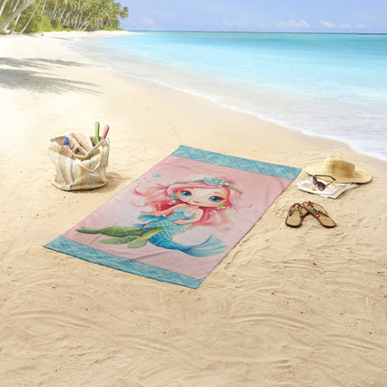 Strandlaken voor Kinderen 75x150 cm - Zeemeermin en Schildpad Print - Roze/Blauw - Poly Velours - Good Morning