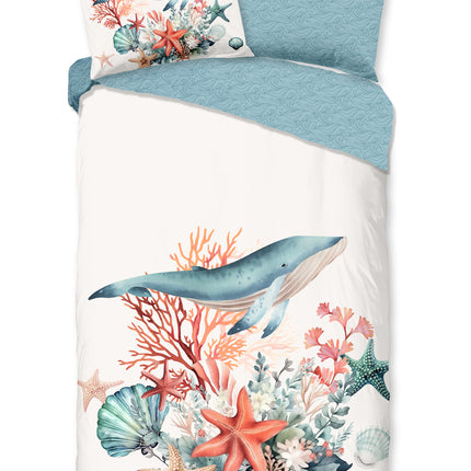 Dekbedovertrek 140x220 cm - Oceaan Thema met Walvis en Koraal - 1 Persoons - 100% Katoen - Oeko-Tex Gecertificeerd