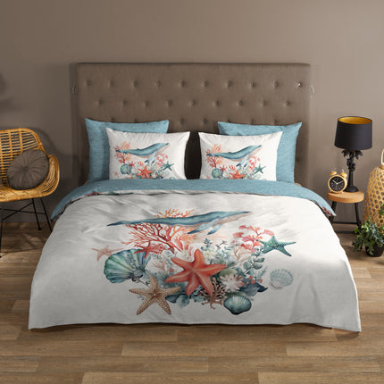 Dekbedovertrek 140x220 cm - Oceaan Thema met Walvis en Koraal - 1 Persoons - 100% Katoen - Oeko-Tex Gecertificeerd