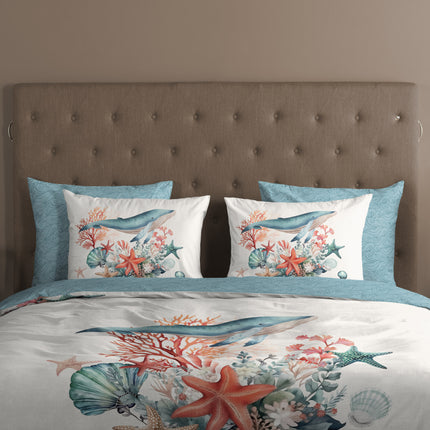 Dekbedovertrek 140x220 cm - Oceaan Thema met Walvis en Koraal - 1 Persoons - 100% Katoen - Oeko-Tex Gecertificeerd