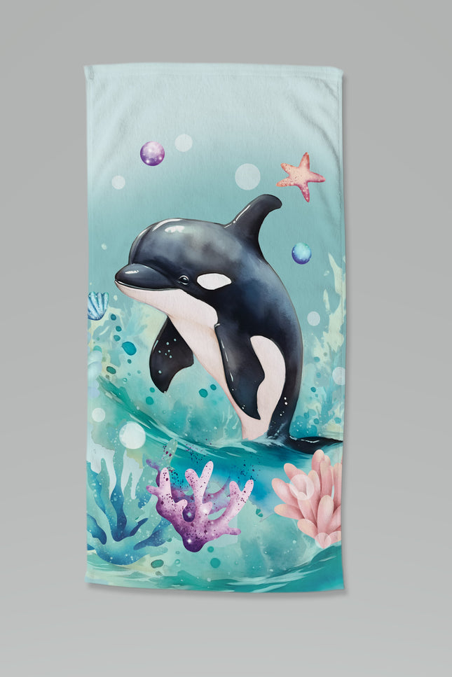 Strandlaken voor Kinderen 75x150 cm - Orka en Zeeleven Print - Mint - Zacht en Sneldrogend - Oeko-Tex Gecertificeerd