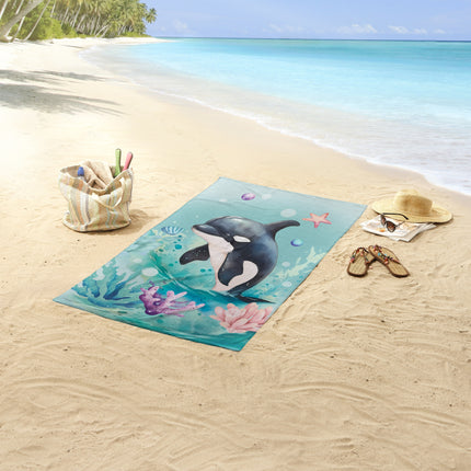 Strandlaken voor Kinderen 75x150 cm - Orka en Zeeleven Print - Mint - Zacht en Sneldrogend - Oeko-Tex Gecertificeerd