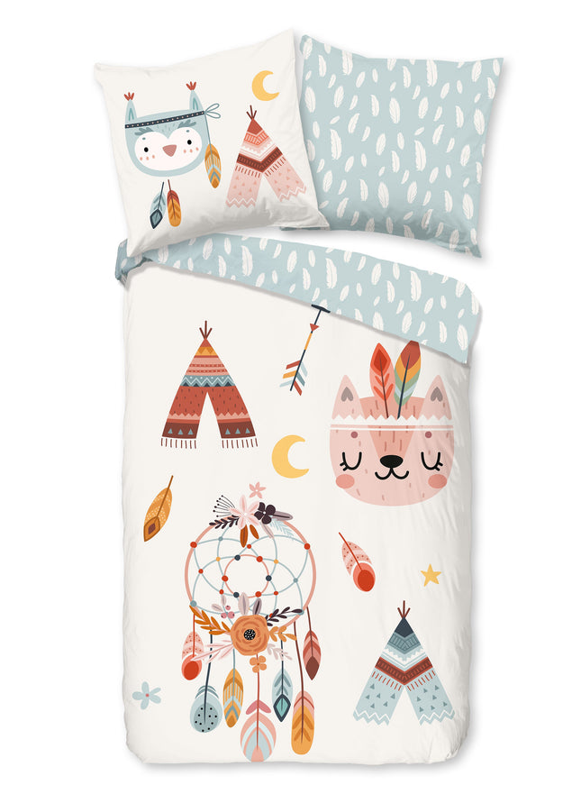 Dekbedovertrek voor Kinderen - 135x200 cm - Boho Tipi Tenten en Dromenvanger Print - Multi - 1 Persoons - 100% Katoen Flanel