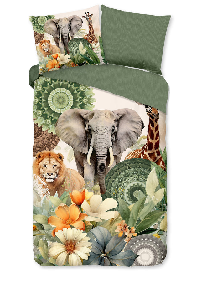 Luxe Satijnen Dekbedovertrek 140x200/220 cm - Safari Dieren en Bloemen Print - Groen - 1 Persoons - 100% Katoen-Satijn