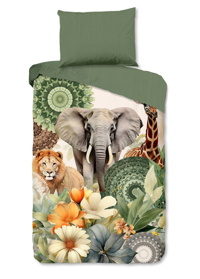 Luxe Satijnen Dekbedovertrek 140x200 cm - Safari Dieren en Bloemen Print - Groen - 1 Persoons - 100% Katoen-Satijn
