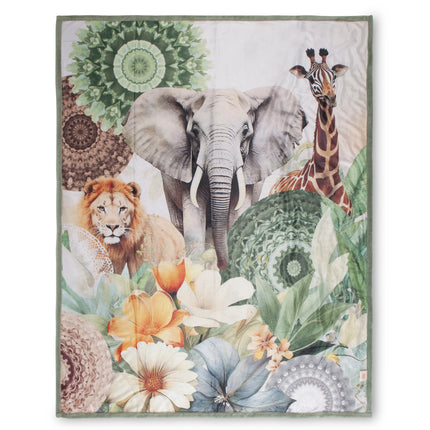 HIP Plaid 130x160 cm - Safari Dieren en Bloemen Print - Groen - Polyvelvet - Oeko-Tex Gecertificeerd