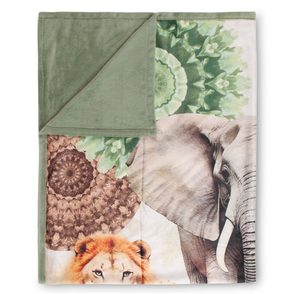 HIP Plaid 130x160 cm - Safari Dieren en Bloemen Print - Groen - Polyvelvet - Oeko-Tex Gecertificeerd
