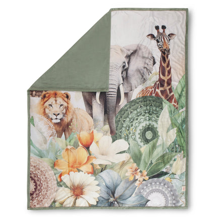 HIP Plaid 130x160 cm - Safari Dieren en Bloemen Print - Groen - Polyvelvet - Oeko-Tex Gecertificeerd