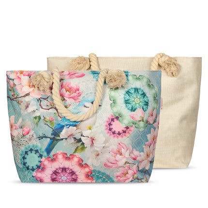 Strandtas met Mandala en Bloemenprint - 43x60 cm - Mint - Oeko-Tex Gecertificeerd - Stijlvolle Strandtas met Vogelontwerp