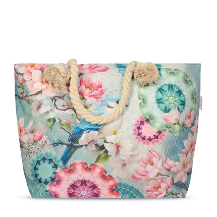 Strandtas met Mandala en Bloemenprint - 43x60 cm - Mint - Oeko-Tex Gecertificeerd - Stijlvolle Strandtas met Vogelontwerp
