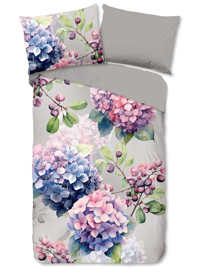 Dekbedovertrek 140x200 cm - Hortensia Bloemen Print - Grijs - 1 Persoons - 100% Katoen - Oeko-Tex Gecertificeerd