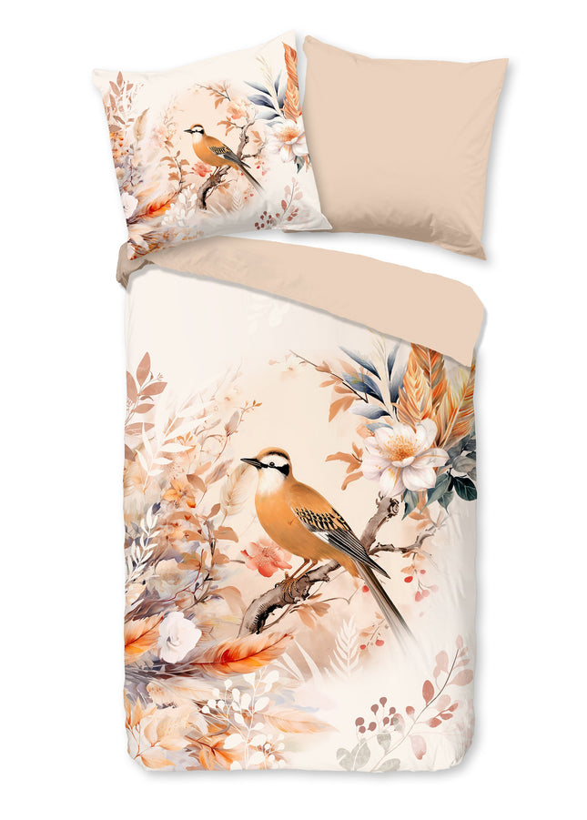 Dekbedovertrek 155x220 cm - Vogel en Bloemen Print - Beige/Oranje - 1 Persoons - 100% Katoen