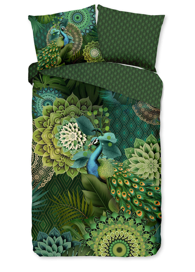 Luxe Satijnen Dekbedovertrek 140x200 cm - Pauw en Mandala Print - Groen - 1 Persoons - 100% Katoen-Satijn