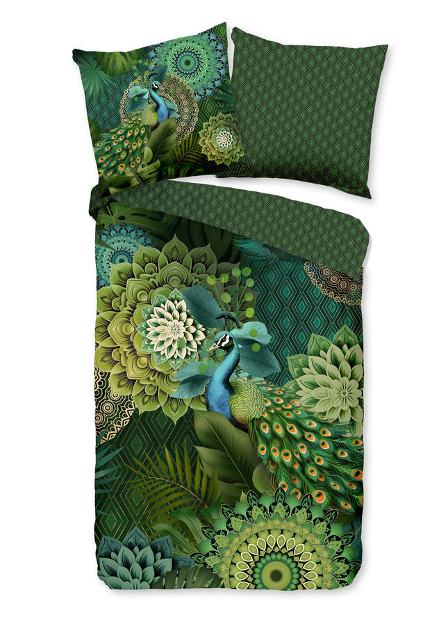 Luxe Satijnen Dekbedovertrek 155x220 cm - Mandala en Pauw Print - Groen - 1 Persoons - 100% Katoen-Satijn