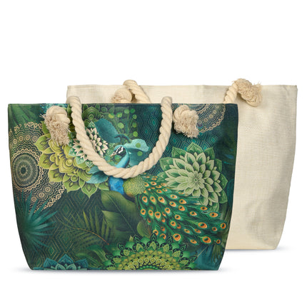 Strandtas met Pauw en Mandala Print - Groen - 43x60 cm - Oeko-Tex Gecertificeerd - Stijlvolle Polyester Strandtas met Touw Handvat