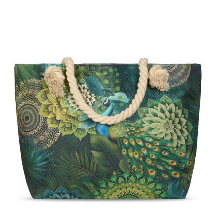 Strandtas met Pauw en Mandala Print - Groen - 43x60 cm - Oeko-Tex Gecertificeerd - Stijlvolle Polyester Strandtas met Touw Handvat