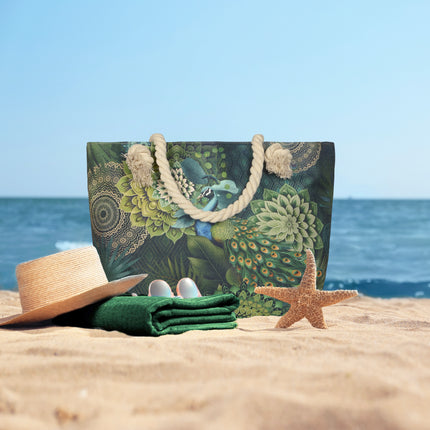 Strandtas met Pauw en Mandala Print - Groen - 43x60 cm - Oeko-Tex Gecertificeerd - Stijlvolle Polyester Strandtas met Touw Handvat