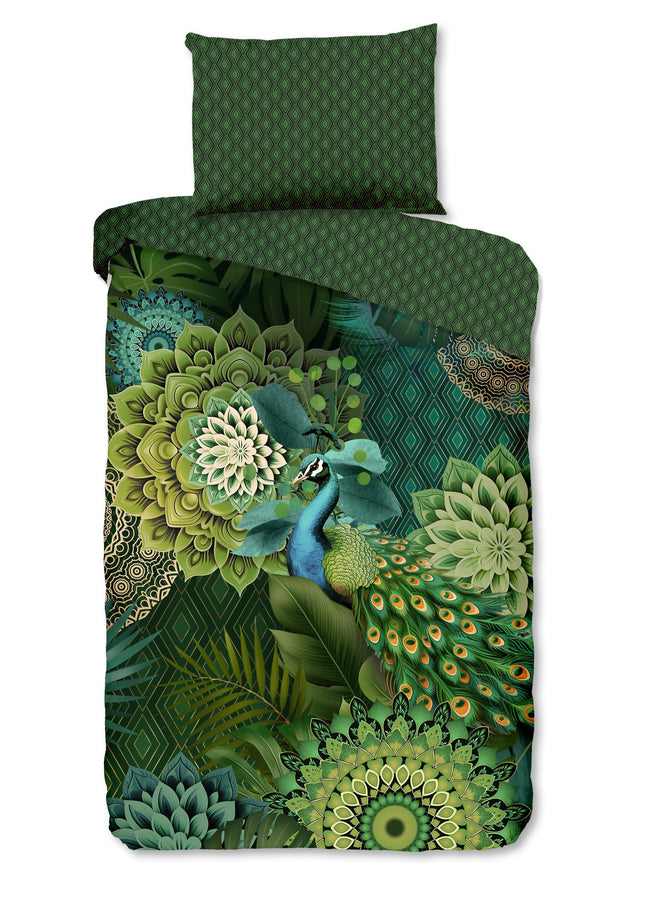 Luxe Satijnen Dekbedovertrek 140x200 cm - Mandala en Pauw Print - Groen - 1 Persoons - 100% Katoen-Satijn