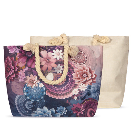 Strandtas 43x60 cm - Mandala en Bloemenprint - Multi - Oeko-Tex Gecertificeerd - 100% Polyester Linnen - Stijlvolle Strandtas met Touw Handvat