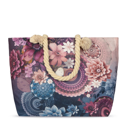 Strandtas 43x60 cm - Mandala en Bloemenprint - Multi - Oeko-Tex Gecertificeerd - 100% Polyester Linnen - Stijlvolle Strandtas met Touw Handvat