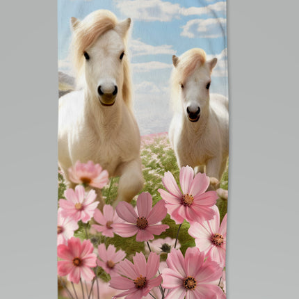 Strandlaken voor Kinderen 75x150 cm - Witte Paarden en Bloemen Print - Roze - Good Morning - Oeko-Tex Gecertificeerd