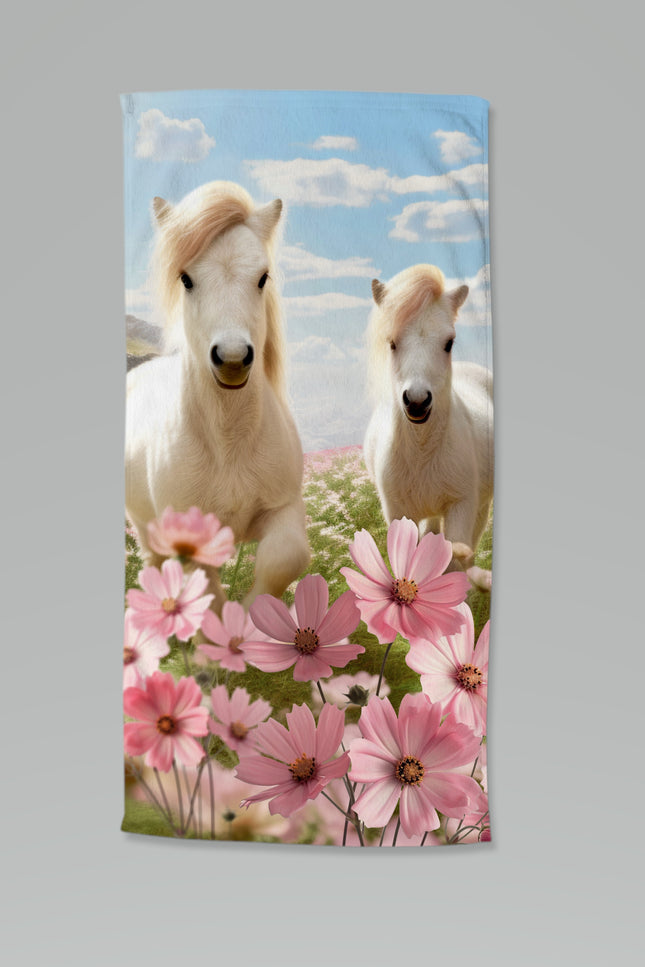 Strandlaken voor Kinderen 75x150 cm - Witte Paarden en Bloemen Print - Roze - Good Morning - Oeko-Tex Gecertificeerd