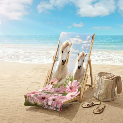 Strandlaken voor Kinderen 75x150 cm - Witte Paarden en Bloemen Print - Roze - Good Morning - Oeko-Tex Gecertificeerd