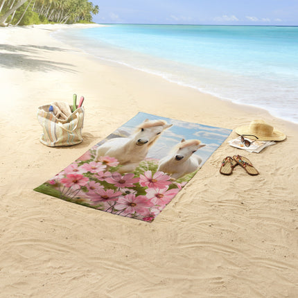 Strandlaken voor Kinderen 75x150 cm - Witte Paarden en Bloemen Print - Roze - Good Morning - Oeko-Tex Gecertificeerd