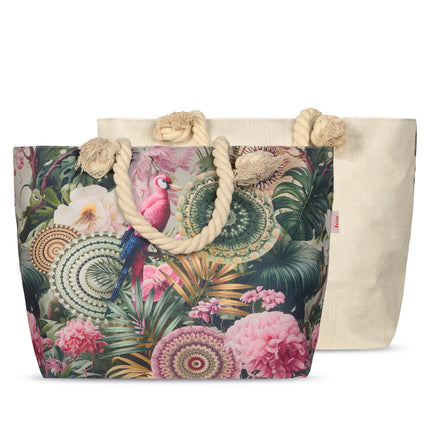Strandtas met Tropische Bloemen en Papegaai Print - 43x60 cm - Groen - Oeko-Tex Gecertificeerd - Polyester Linnen