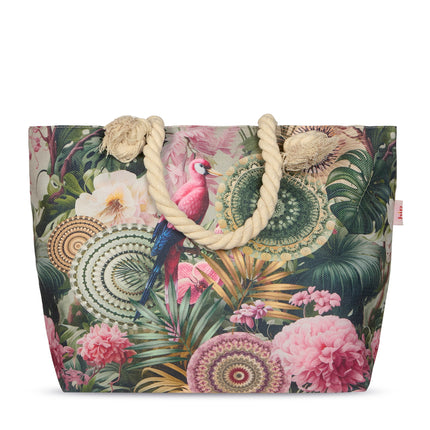 Strandtas met Tropische Bloemen en Papegaai Print - 43x60 cm - Groen - Oeko-Tex Gecertificeerd - Polyester Linnen